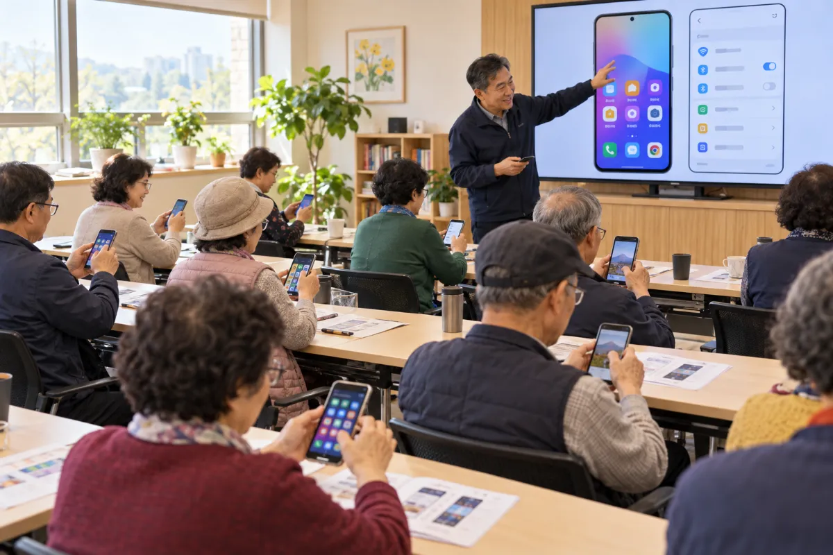 강사가 큰 화면으로 스마트폰 홈화면과 설정을 설명하고 수강생들이 각자 스마트폰으로 따라 하는 수업 장면(AI 재구성)