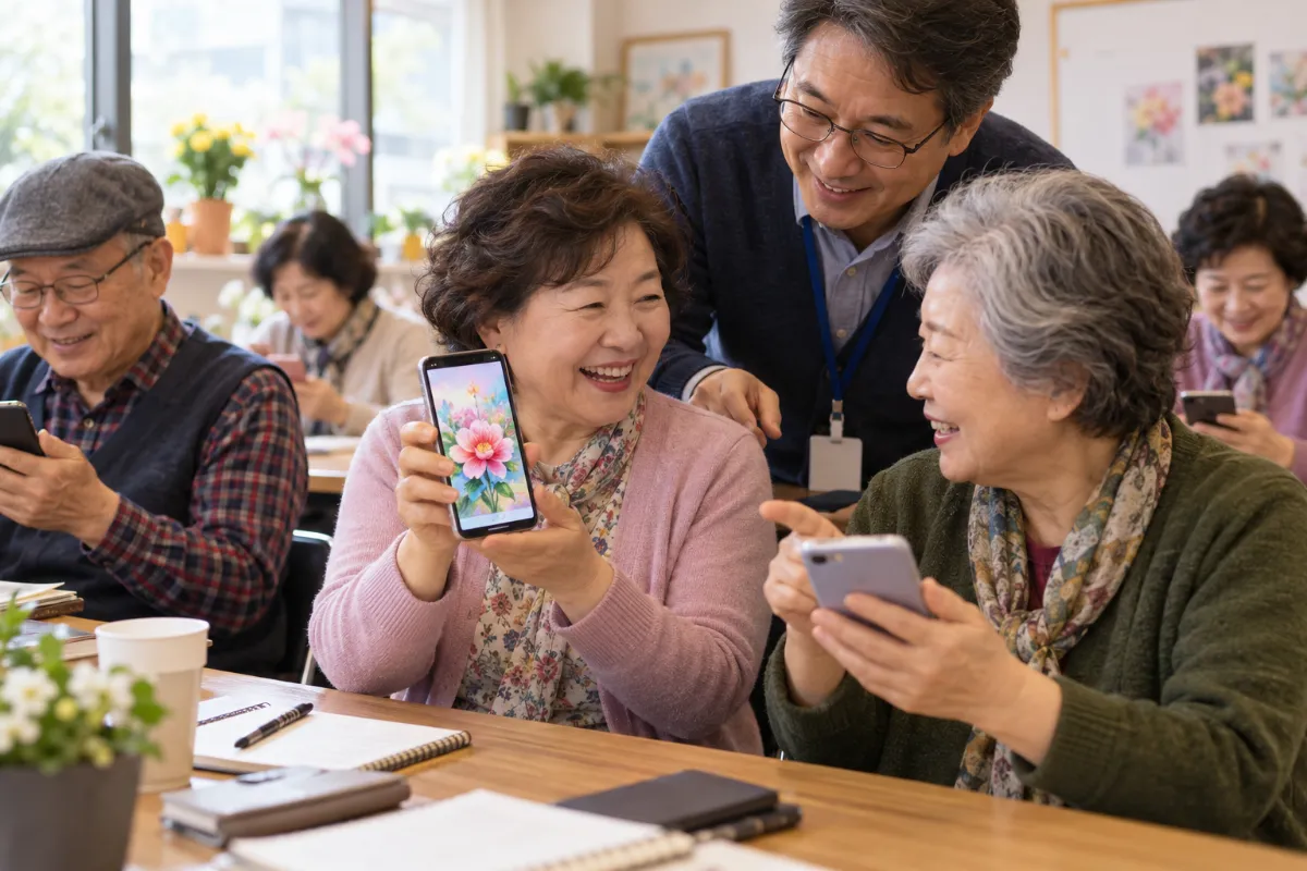 수강생이 ChatGPT로 만든 꽃 그림을 스마트폰으로 옆 사람에게 보여 주는 이미지 만들기 실습 장면(AI 재구성)