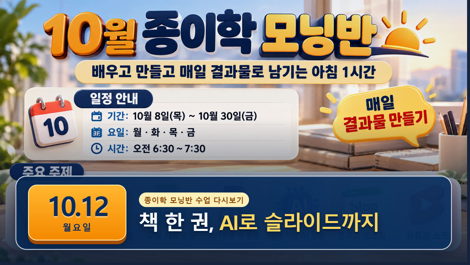 10월 12일 종이학 모닝 책 한 권이 AI 슬라이드로 유튜브 썸네일