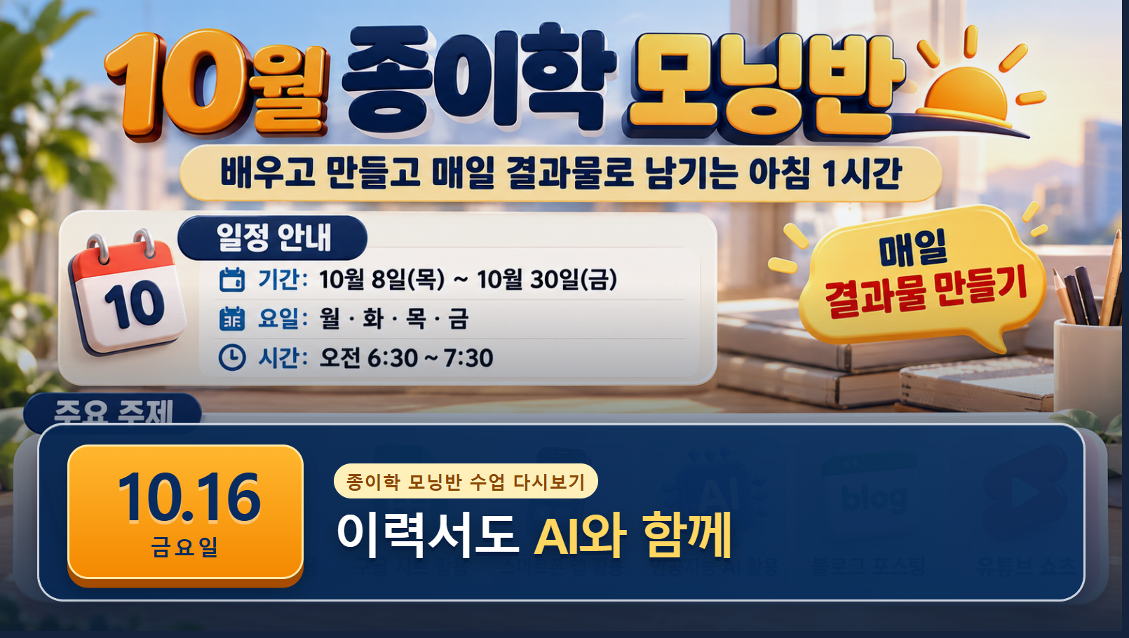 10월 16일 종이학 모닝 이력서 홈페이지 글쓰기 유튜브 썸네일
